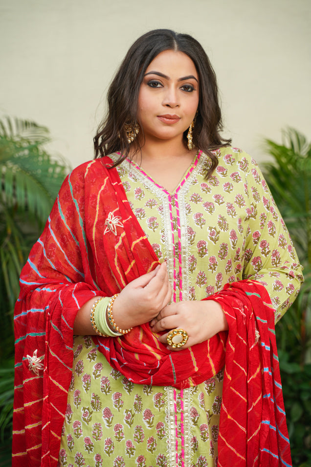 Women's Lime Green Kyaari Suit Set - ( Set Of 3) - Nangalia Ruchira