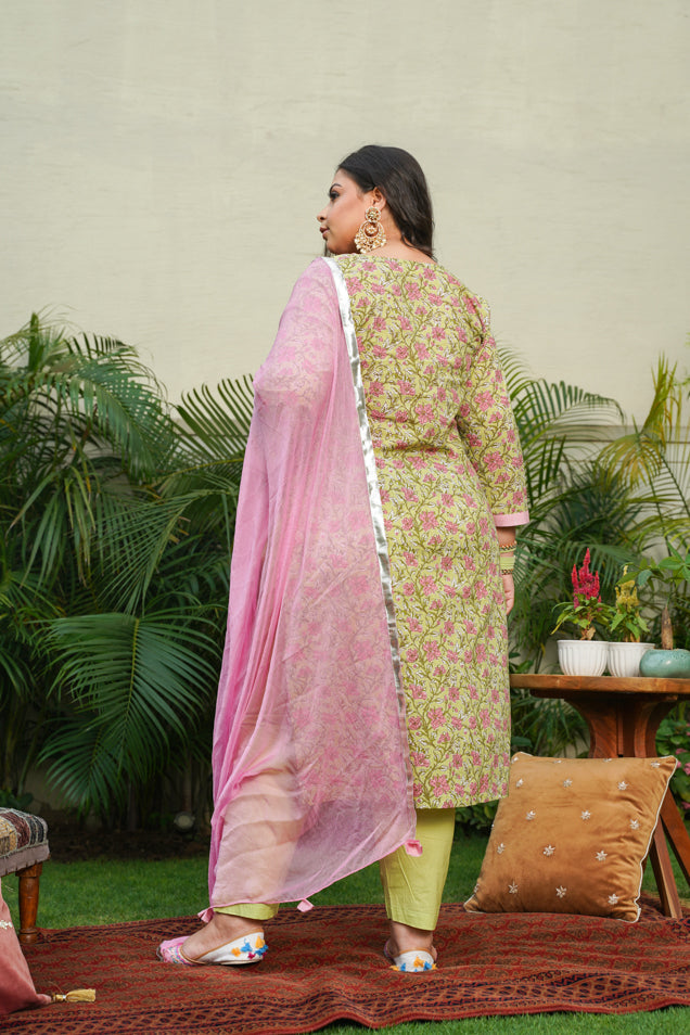 Women's Pear Green V-Neck Cotton Printed Suit Set - (Set Of 3) - Nangalia Ruchira