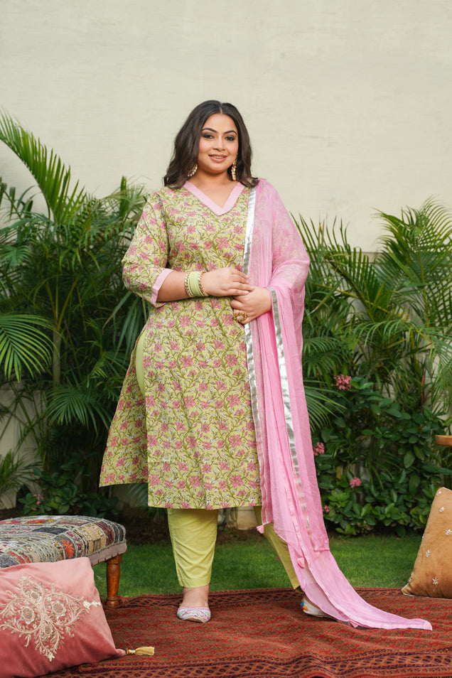 Women's Pear Green V-Neck Cotton Printed Suit Set - (Set Of 3) - Nangalia Ruchira