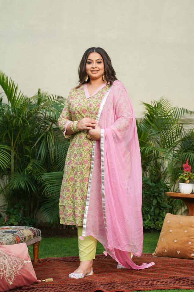 Women's Pear Green V-Neck Cotton Printed Suit Set - (Set Of 3) - Nangalia Ruchira
