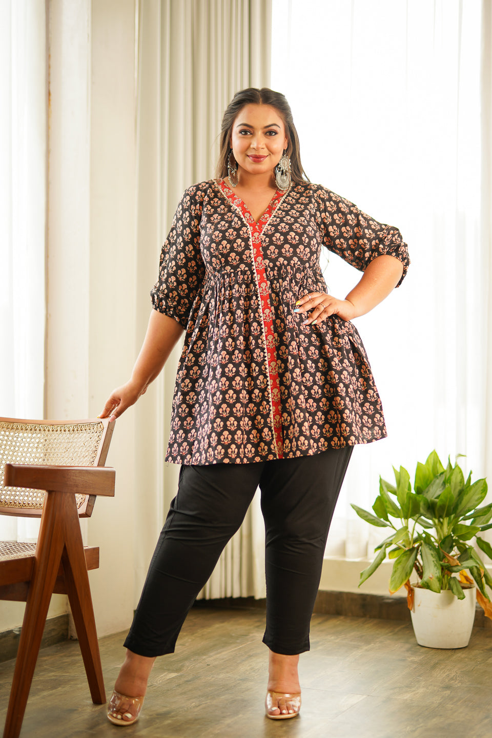 buy Black Block Print Peplum Set designer outfit