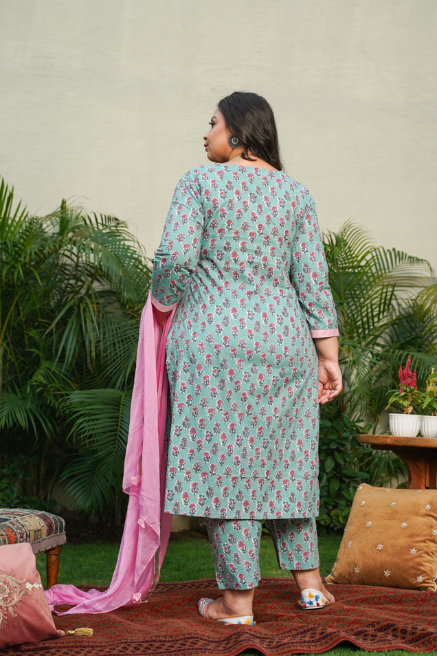 Women's Blue Cotton Kyaari Printed Kurta Set - (Set Of 3) - Nangalia Ruchira