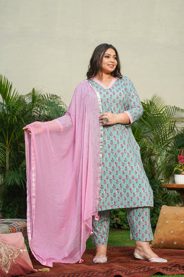 Women's Blue Cotton Kyaari Printed Kurta Set - (Set Of 3) - Nangalia Ruchira