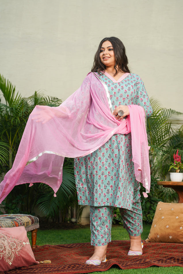 Women's Blue Cotton Kyaari Printed Kurta Set - (Set Of 3) - Nangalia Ruchira