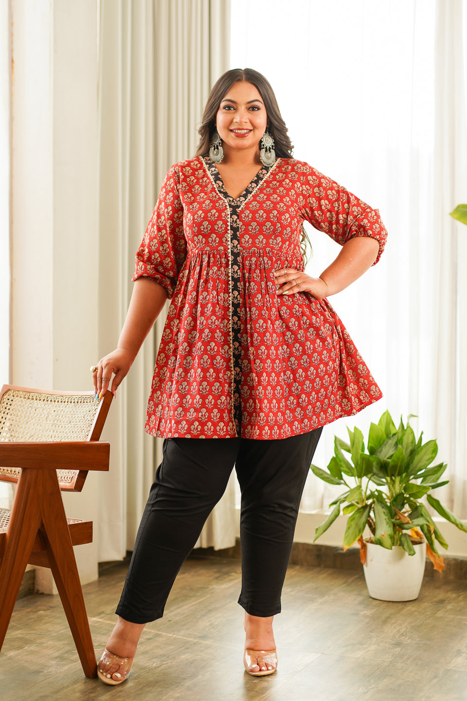 Women's Red Bagru Block Print Peplum Set (Set Of 2) - Nangalia Ruchira