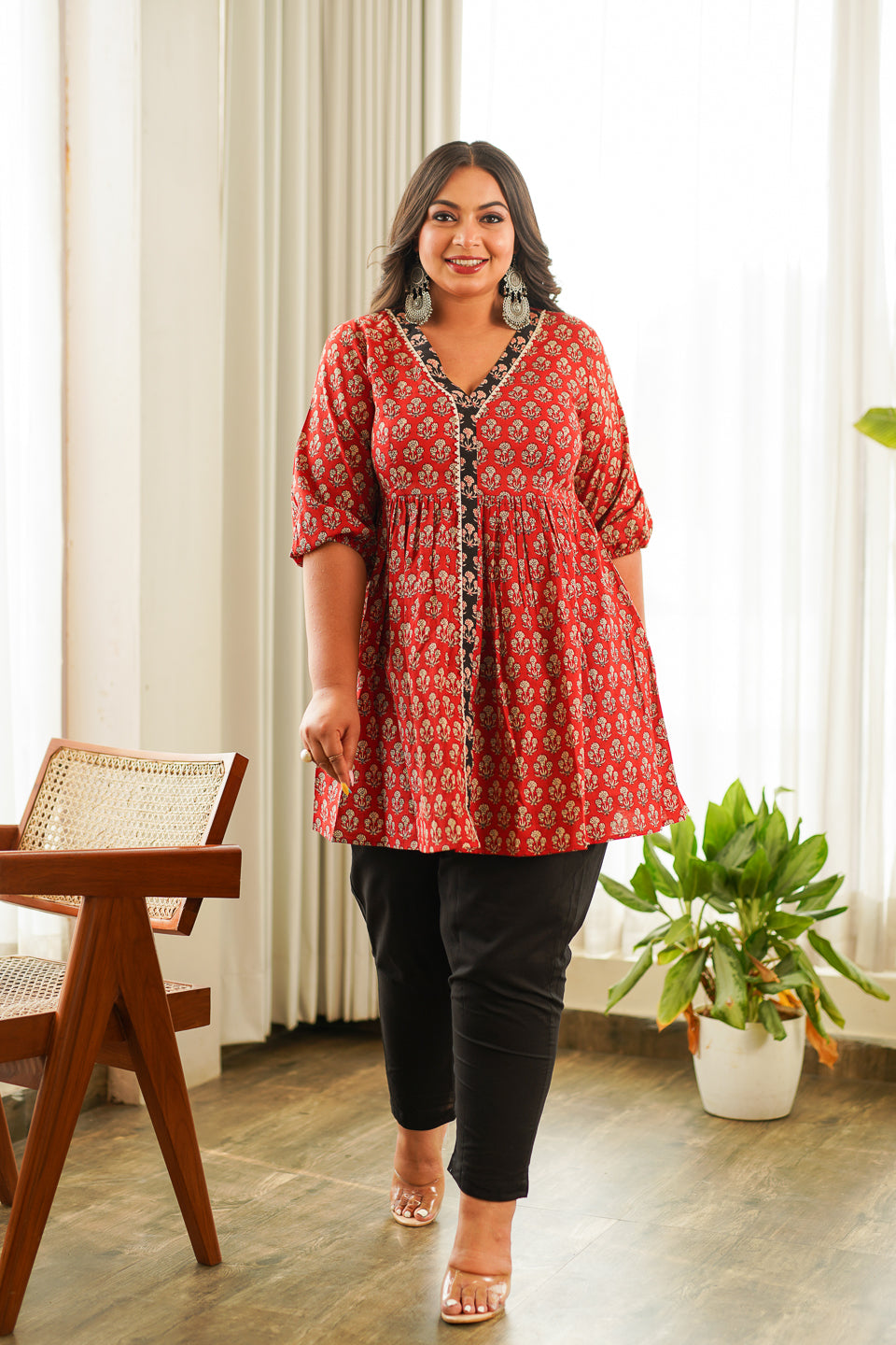 Women's Red Bagru Block Print Peplum Set (Set Of 2) - Nangalia Ruchira