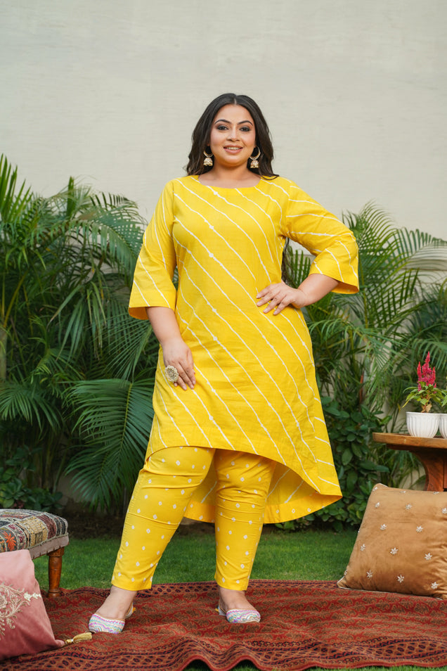 Women's Yellow Leheriya Hilo Kurta Set - (Set Of 2) - Nangalia Ruchira