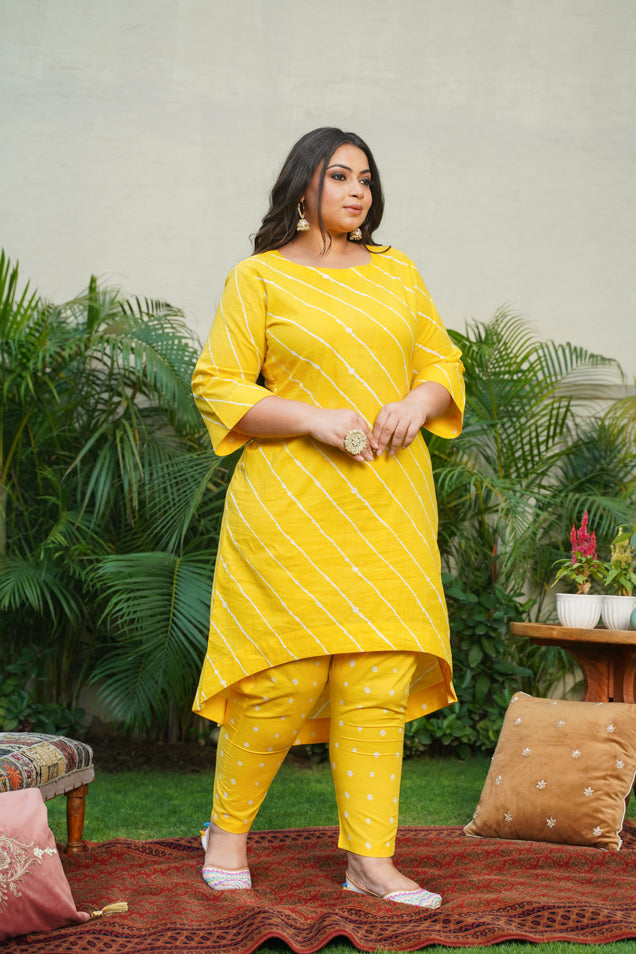 Women's Yellow Leheriya Hilo Kurta Set - (Set Of 2) - Nangalia Ruchira