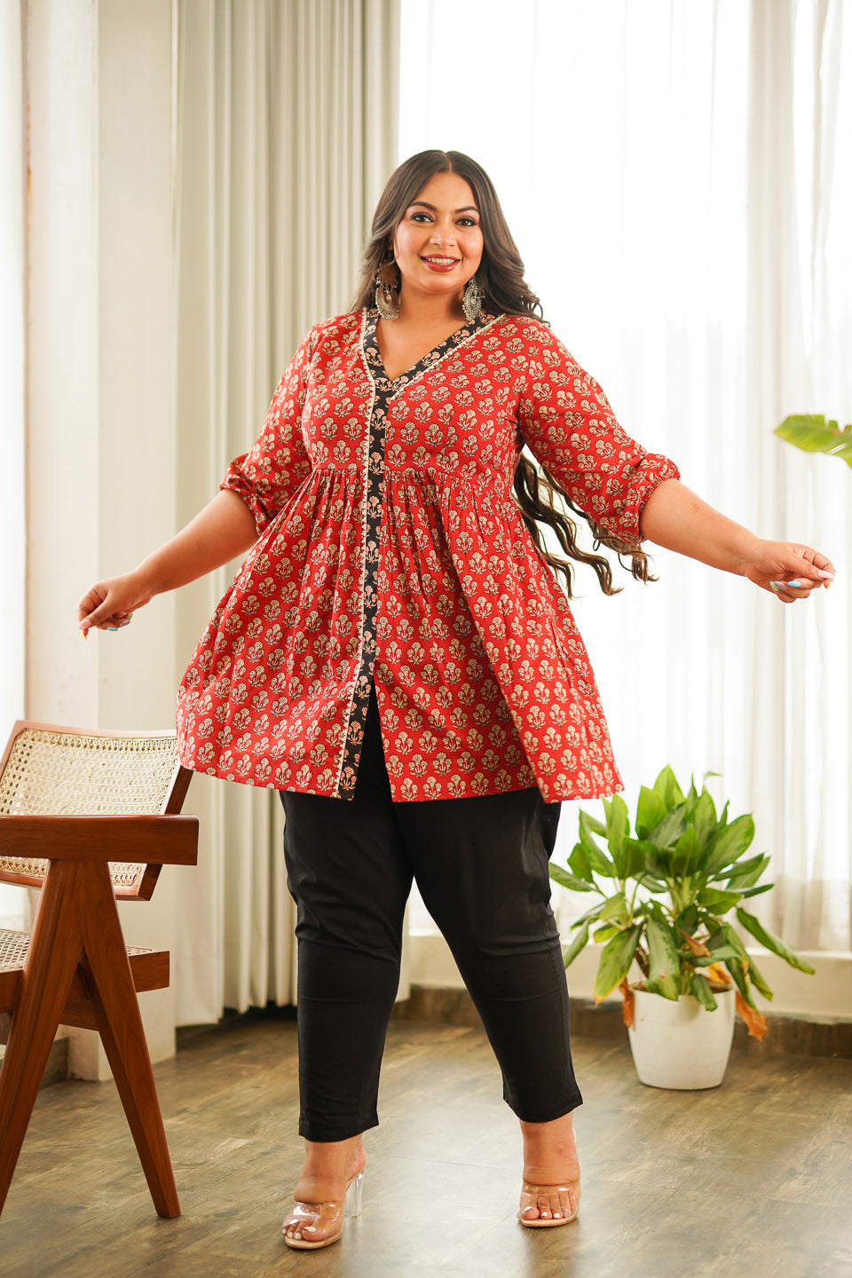 Women's Red Bagru Block Print Peplum Set (Set Of 2) - Nangalia Ruchira