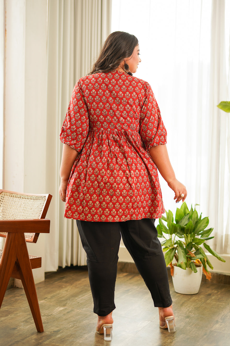 Women's Red Bagru Block Print Peplum Set (Set Of 2) - Nangalia Ruchira