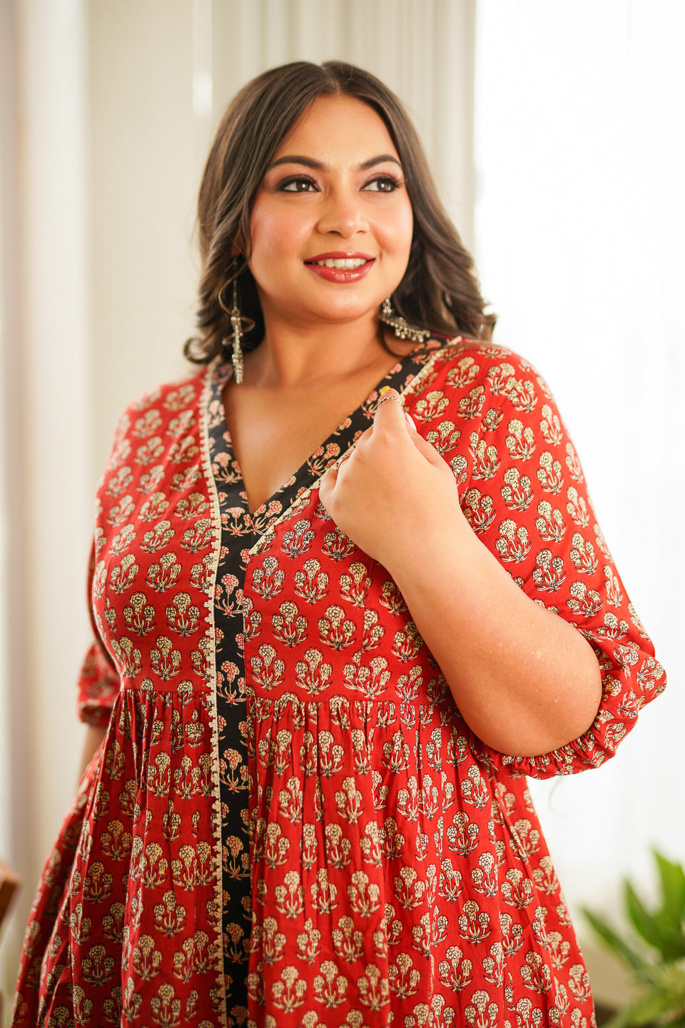 Women's Red Bagru Block Print Peplum Set (Set Of 2) - Nangalia Ruchira