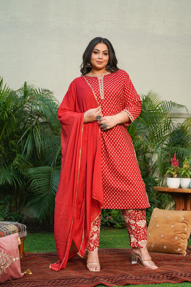 Women's Red Booti Gold Kurta Dupatta Suit Set - (Set Of 3) - Nangalia Ruchira