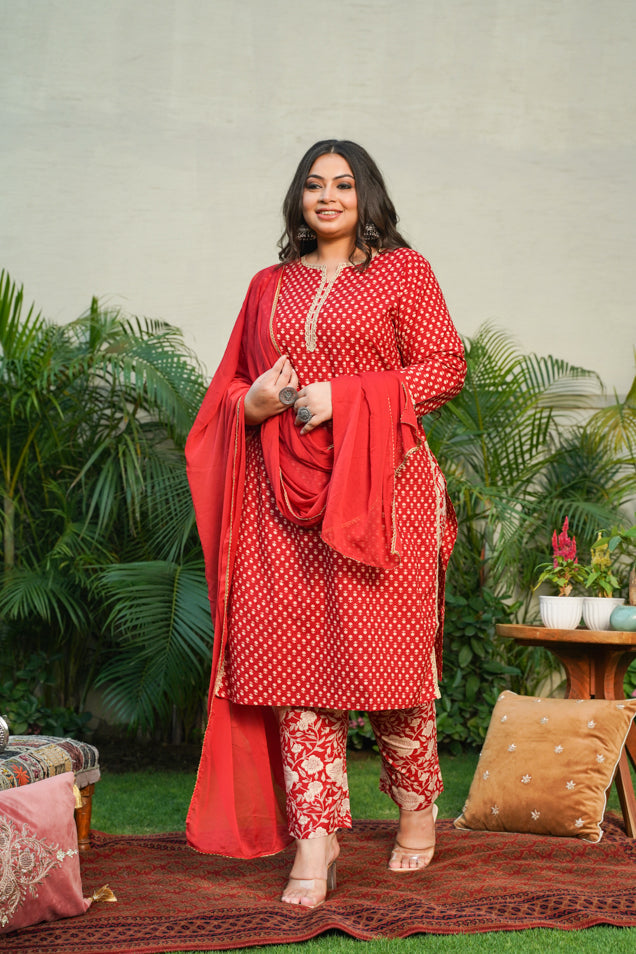 Women's Red Booti Gold Kurta Dupatta Suit Set - (Set Of 3) - Nangalia Ruchira