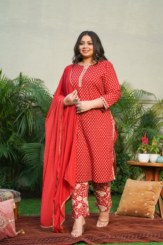 Women's Red Booti Gold Kurta Dupatta Suit Set - (Set Of 3) - Nangalia Ruchira