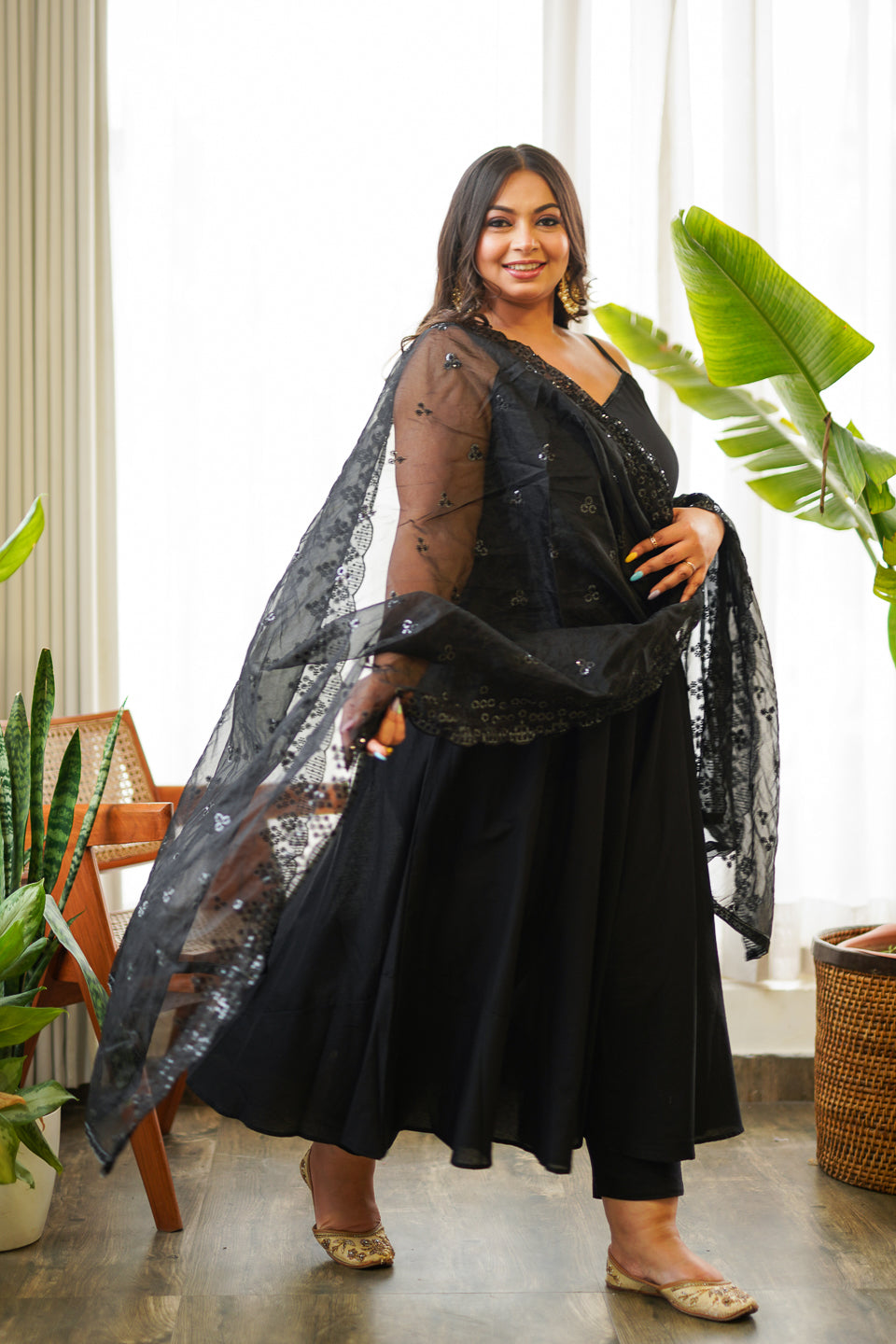 Women's Regal Black Shiny Anarkali - Nangalia Ruchira