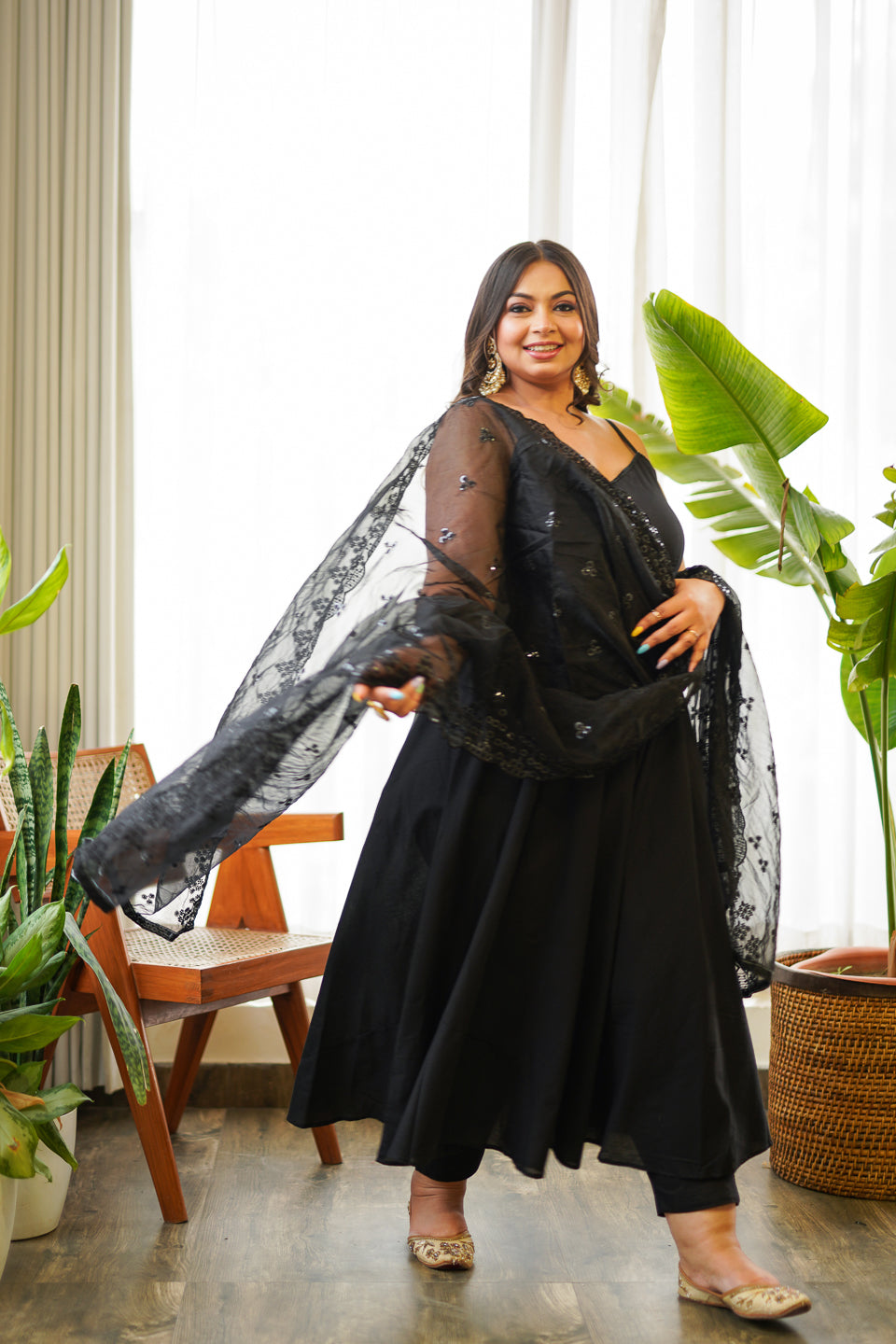 Women's Regal Black Shiny Anarkali - Nangalia Ruchira