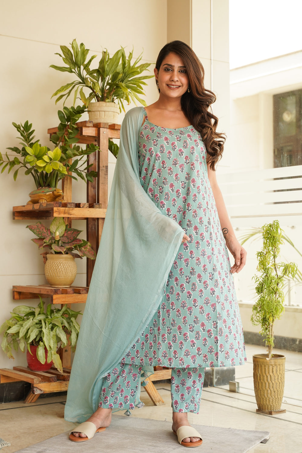 Women's Sky Blue Floral Strap Cotton Kurta Suit Set - (Set Of 3) - Nangalia Ruchira