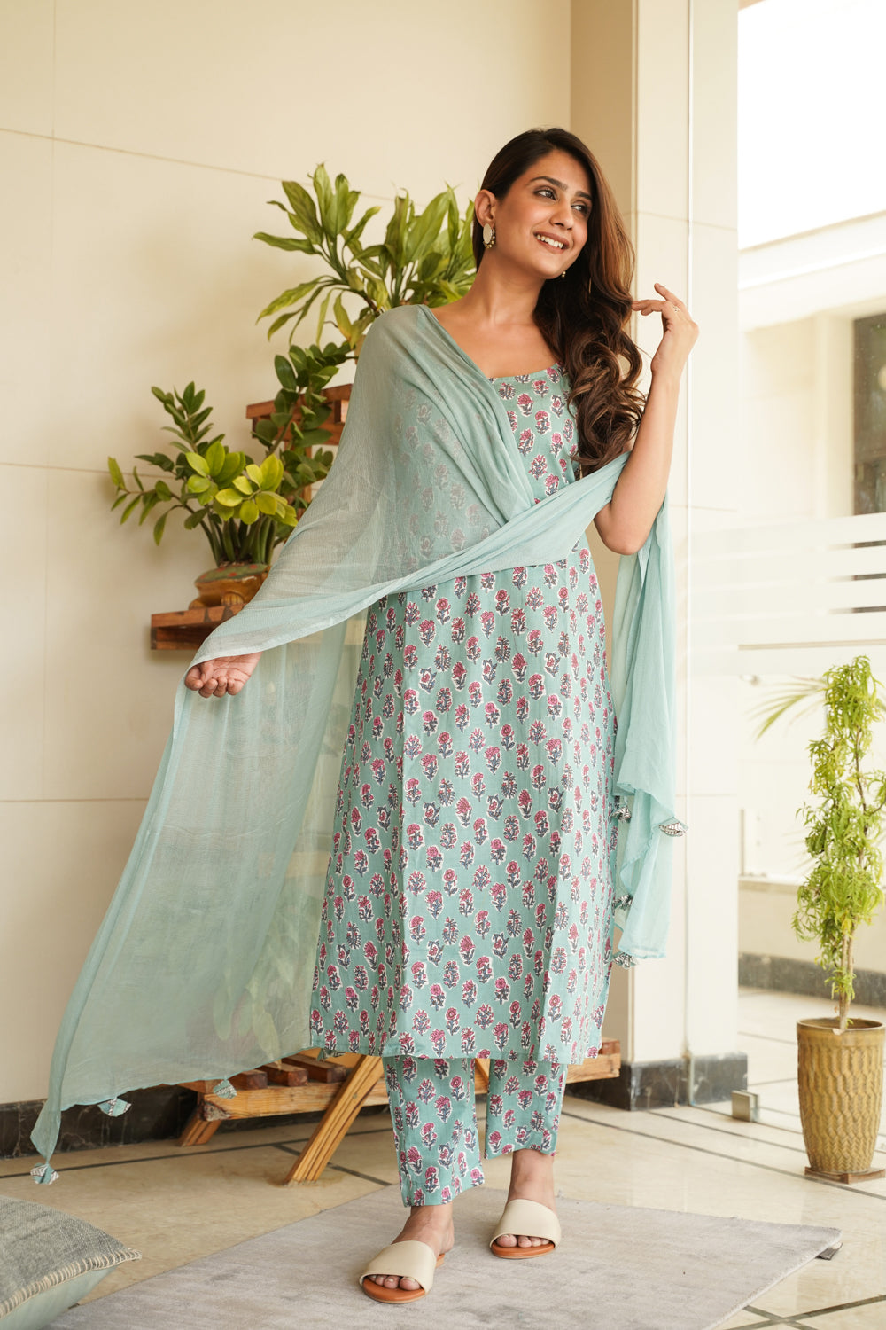 Women's Sky Blue Floral Strap Cotton Kurta Suit Set - (Set Of 3) - Nangalia Ruchira