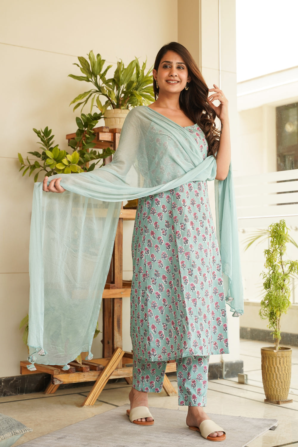 Women's Sky Blue Floral Strap Cotton Kurta Suit Set - (Set Of 3) - Nangalia Ruchira