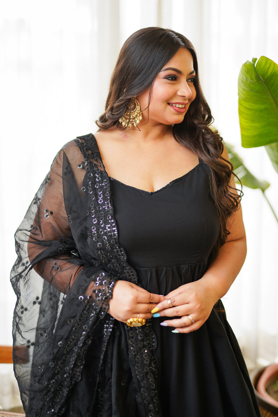 Women's Regal Black Shiny Anarkali - Nangalia Ruchira