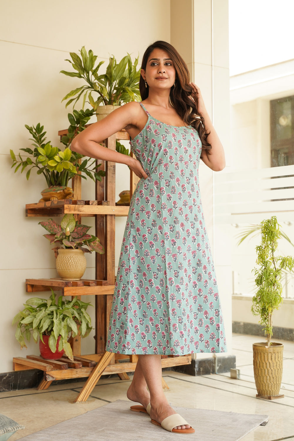 Women's Sky Blue Floral Strap Cotton Dress - Nangalia Ruchira