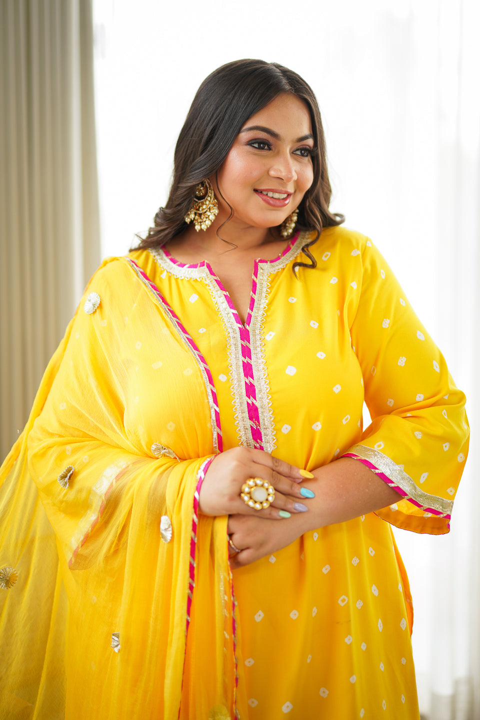Women's Navrai Yellow Bandhani Suit Set - (Set Of 3) - Nangalia Ruchira