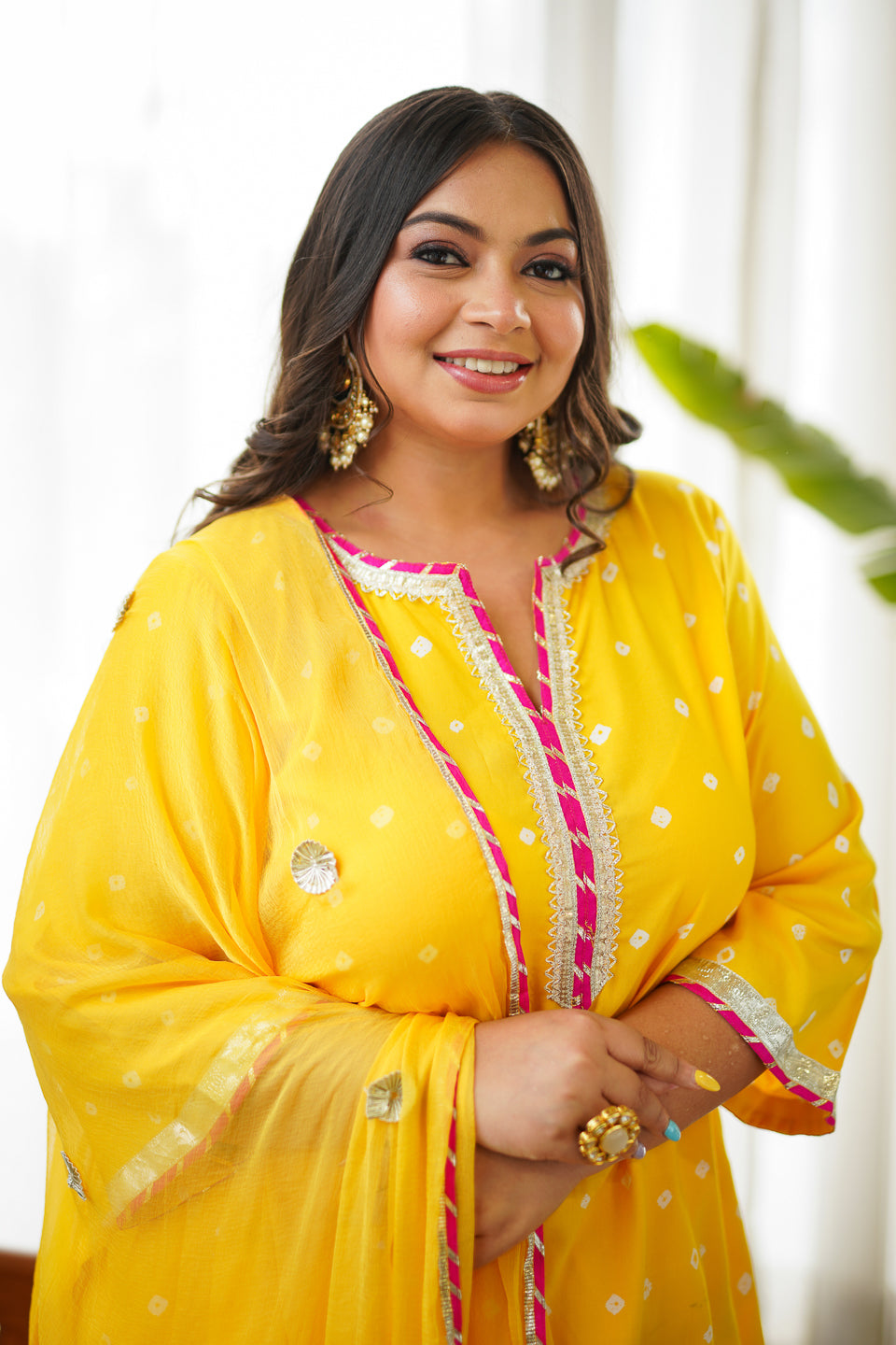 Women's Navrai Yellow Bandhani Suit Set - (Set Of 3) - Nangalia Ruchira