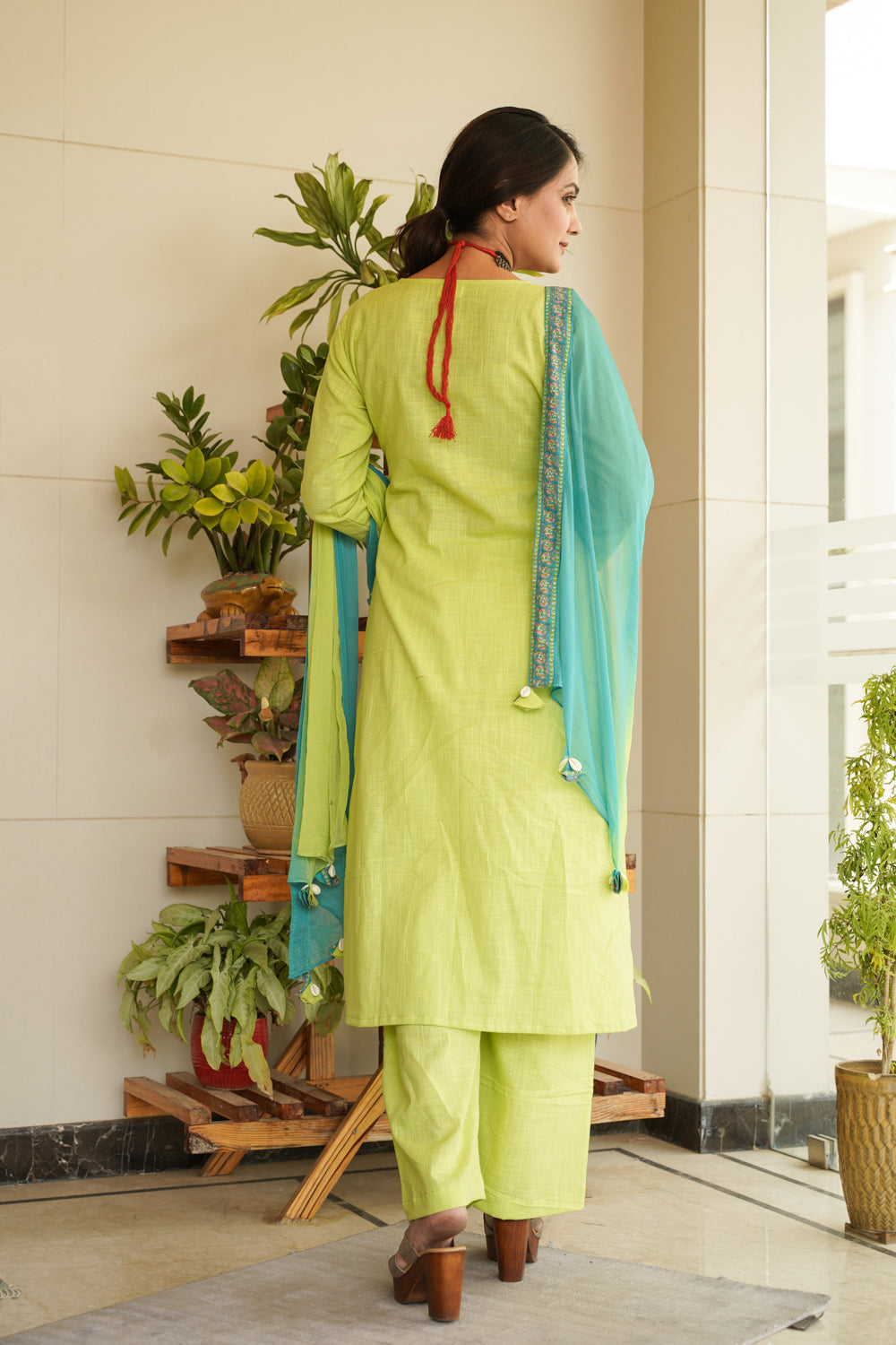 Women's Lime Green Angrakha Cotton Slub Kurta Set - (Set Of 3) - Nangalia Ruchira