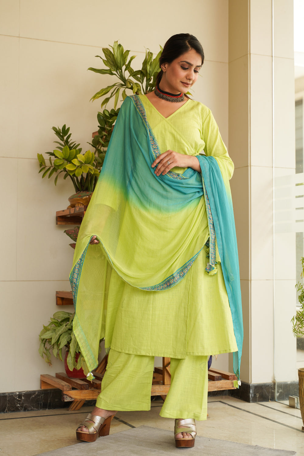 Women's Lime Green Angrakha Cotton Slub Kurta Set - (Set Of 3) - Nangalia Ruchira