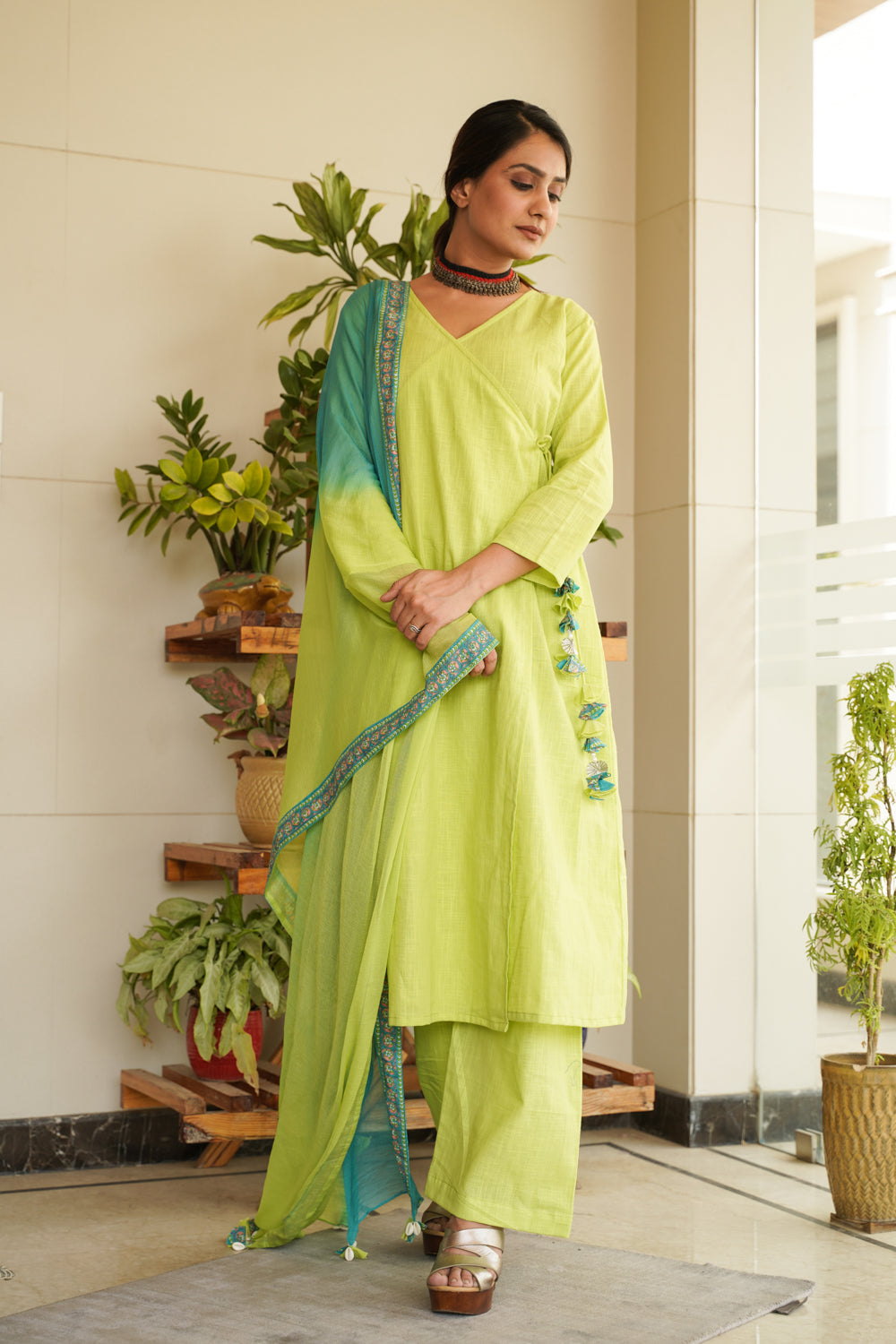 Women's Lime Green Angrakha Cotton Slub Kurta Set - (Set Of 3) - Nangalia Ruchira