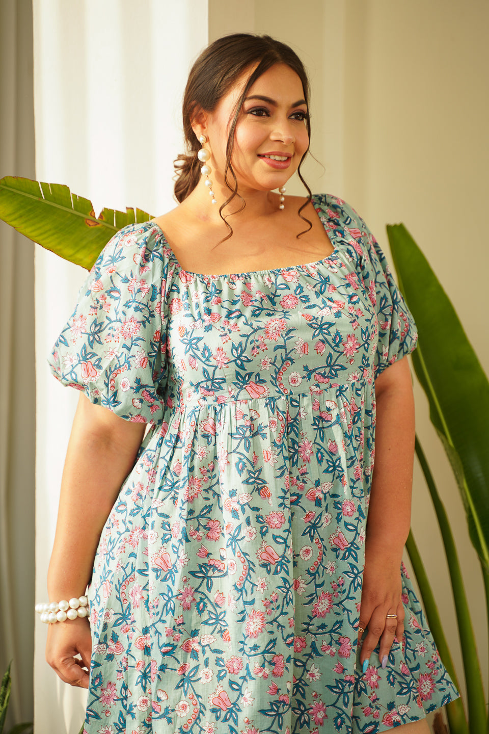 Women's Candy Crush Short Cotton Printed Square Neck Doll Dress - Nangalia Ruchira