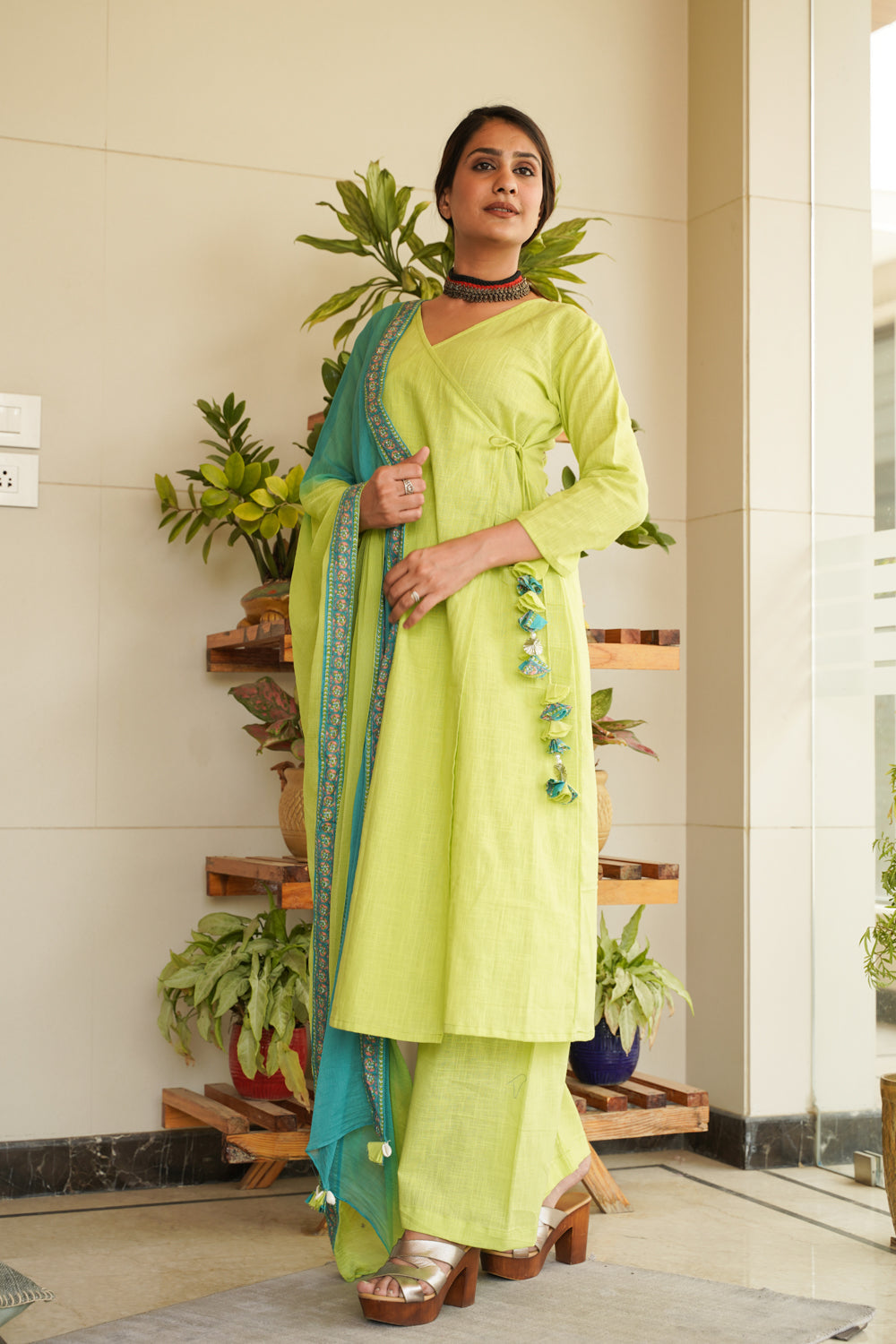 Women's Lime Green Angrakha Cotton Slub Kurta Set - (Set Of 3) - Nangalia Ruchira