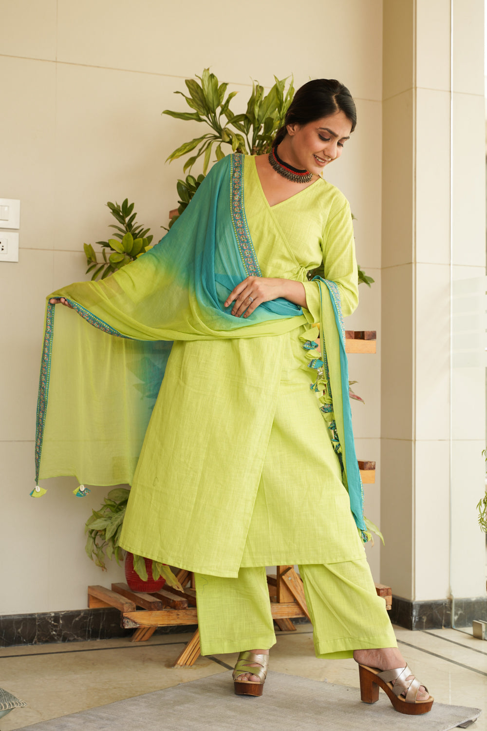 Women's Lime Green Angrakha Cotton Slub Kurta Set - (Set Of 3) - Nangalia Ruchira