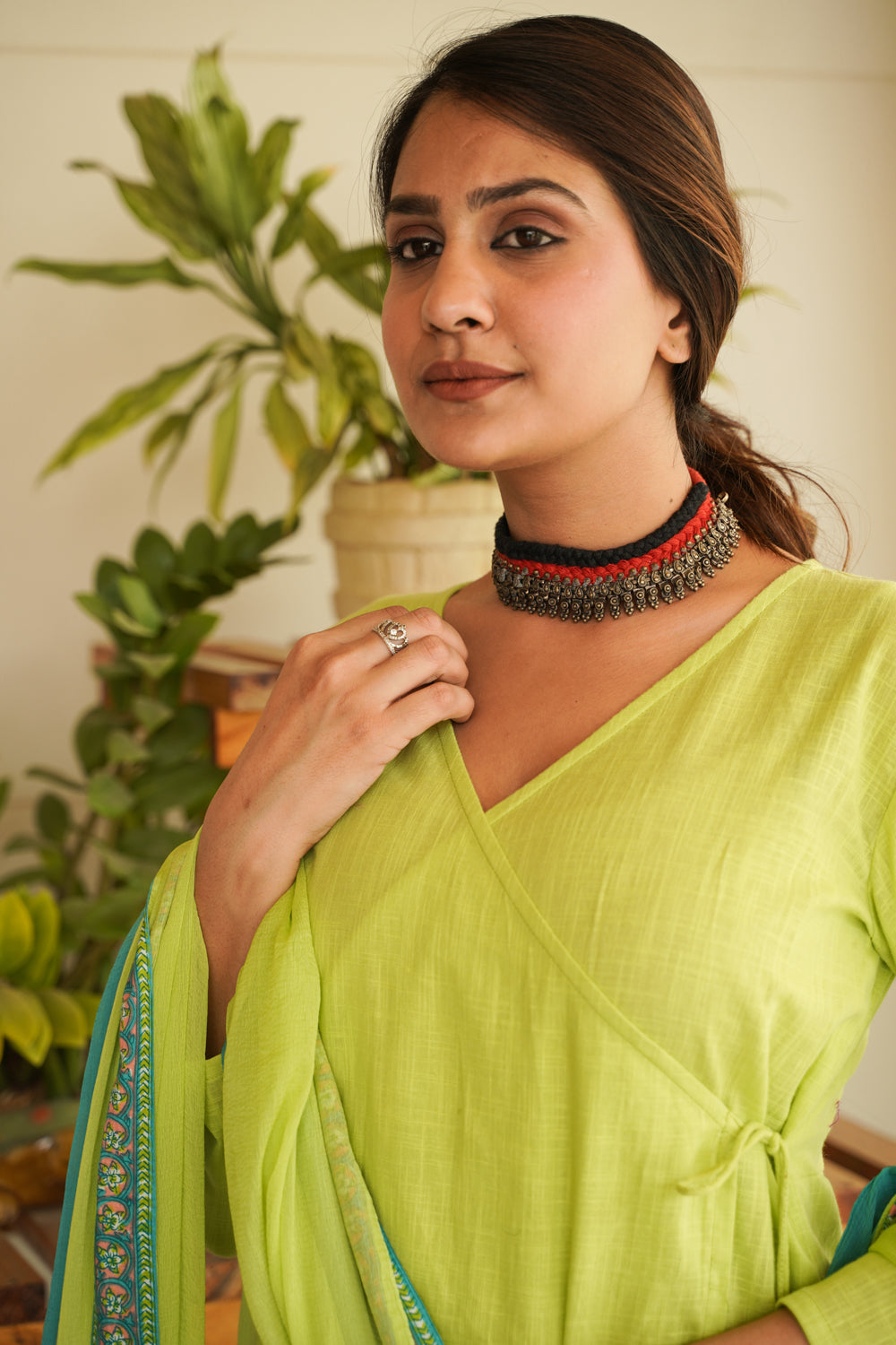 Women's Lime Green Angrakha Cotton Slub Kurta Set - (Set Of 3) - Nangalia Ruchira