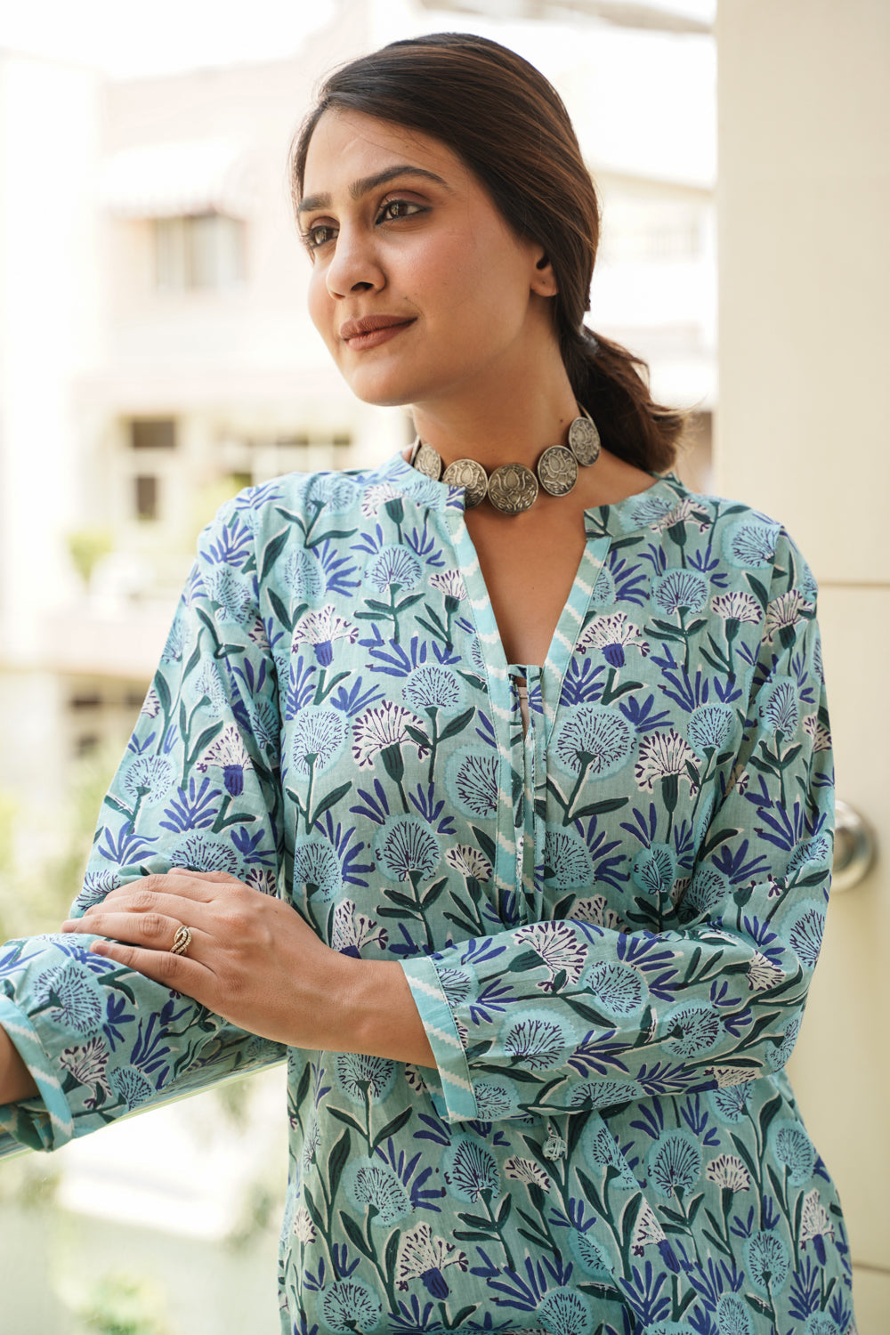 Women's Sky Blue Hilo Floral Cotton Kurta - (Set Of 2) - Nangalia Ruchira