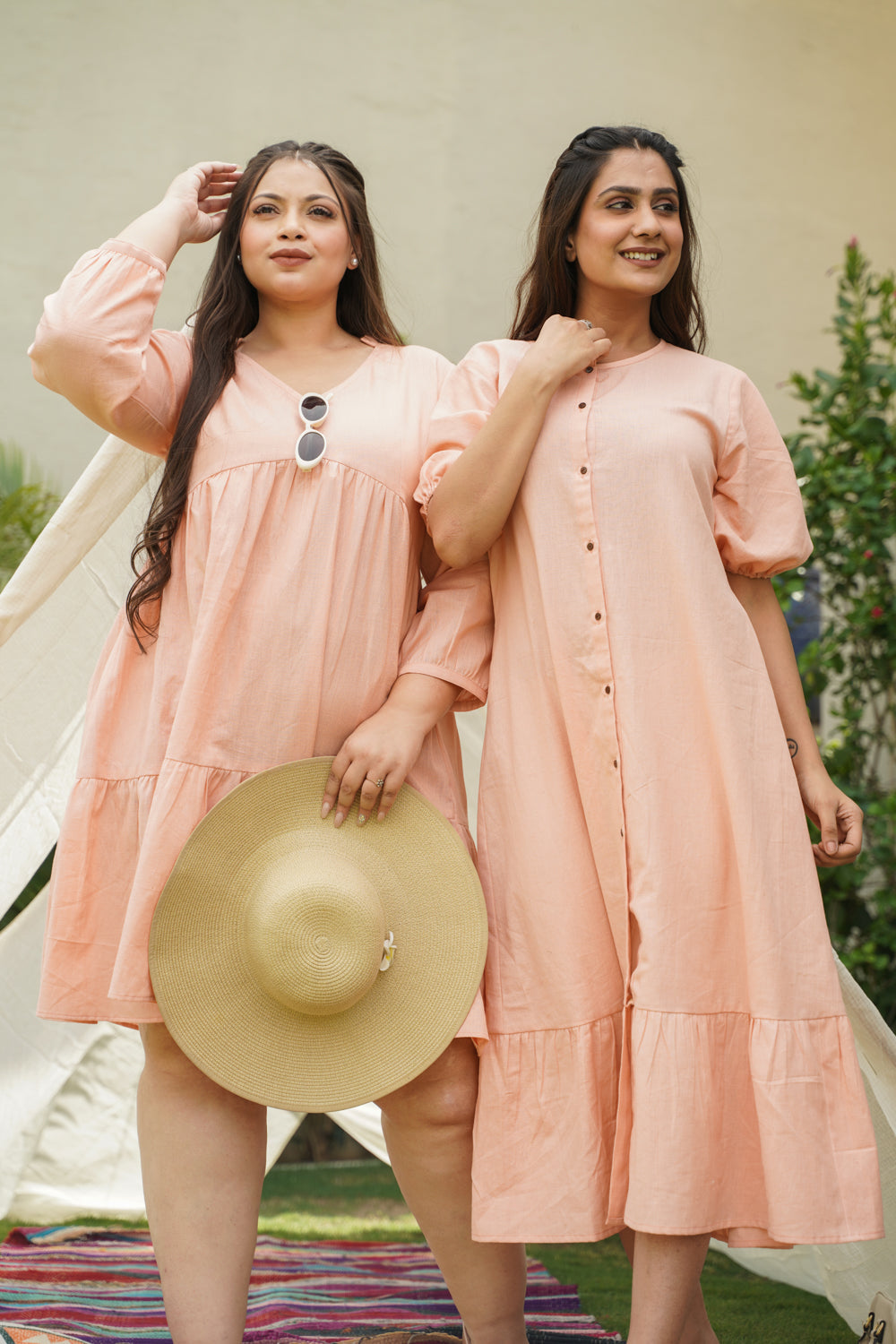 Women's Peach Tier Linen Short V-Neck Dress - Nangalia Ruchira