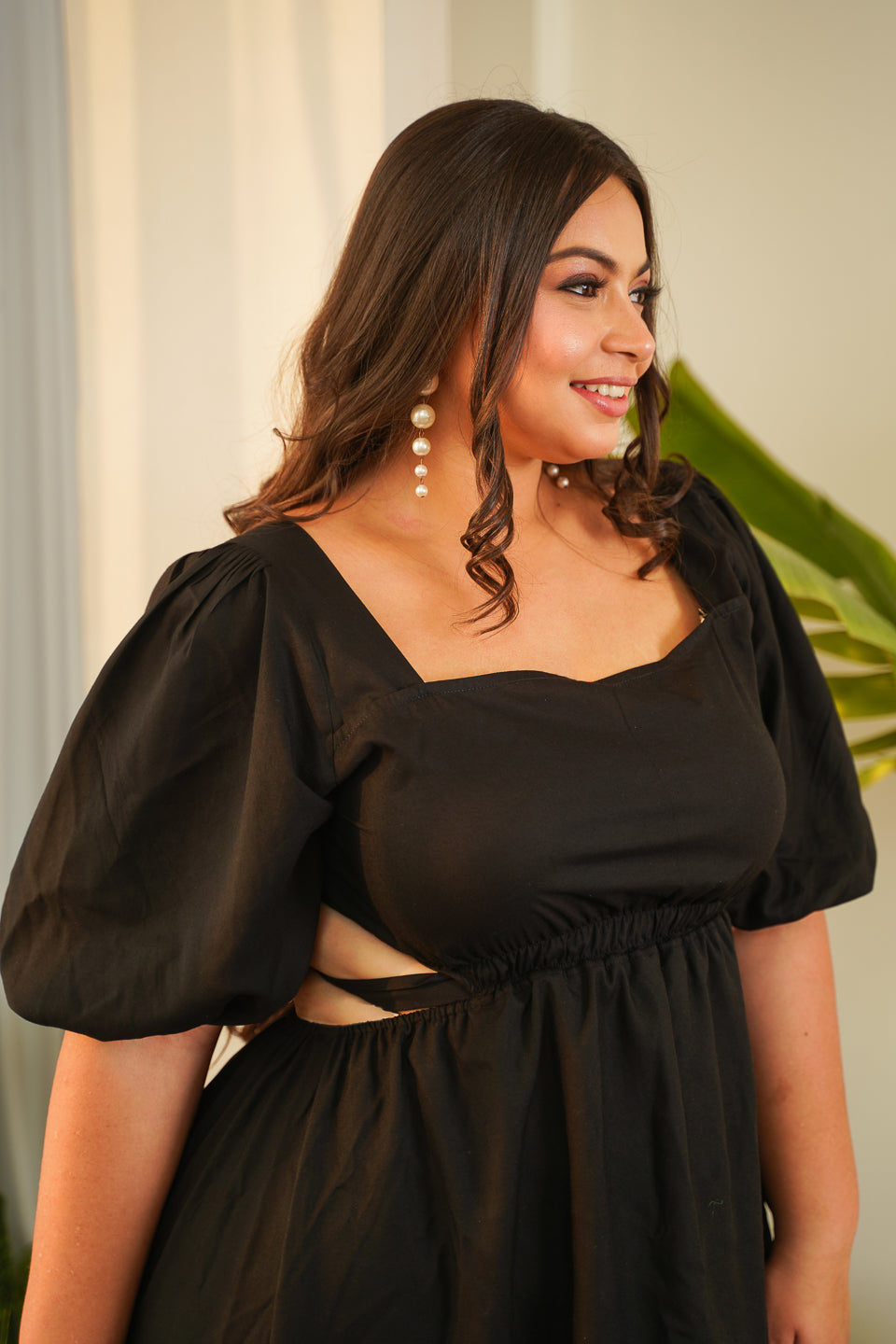 Nangalia outfit -Black Corset Puff Sleeve Cotton Cutout Dress