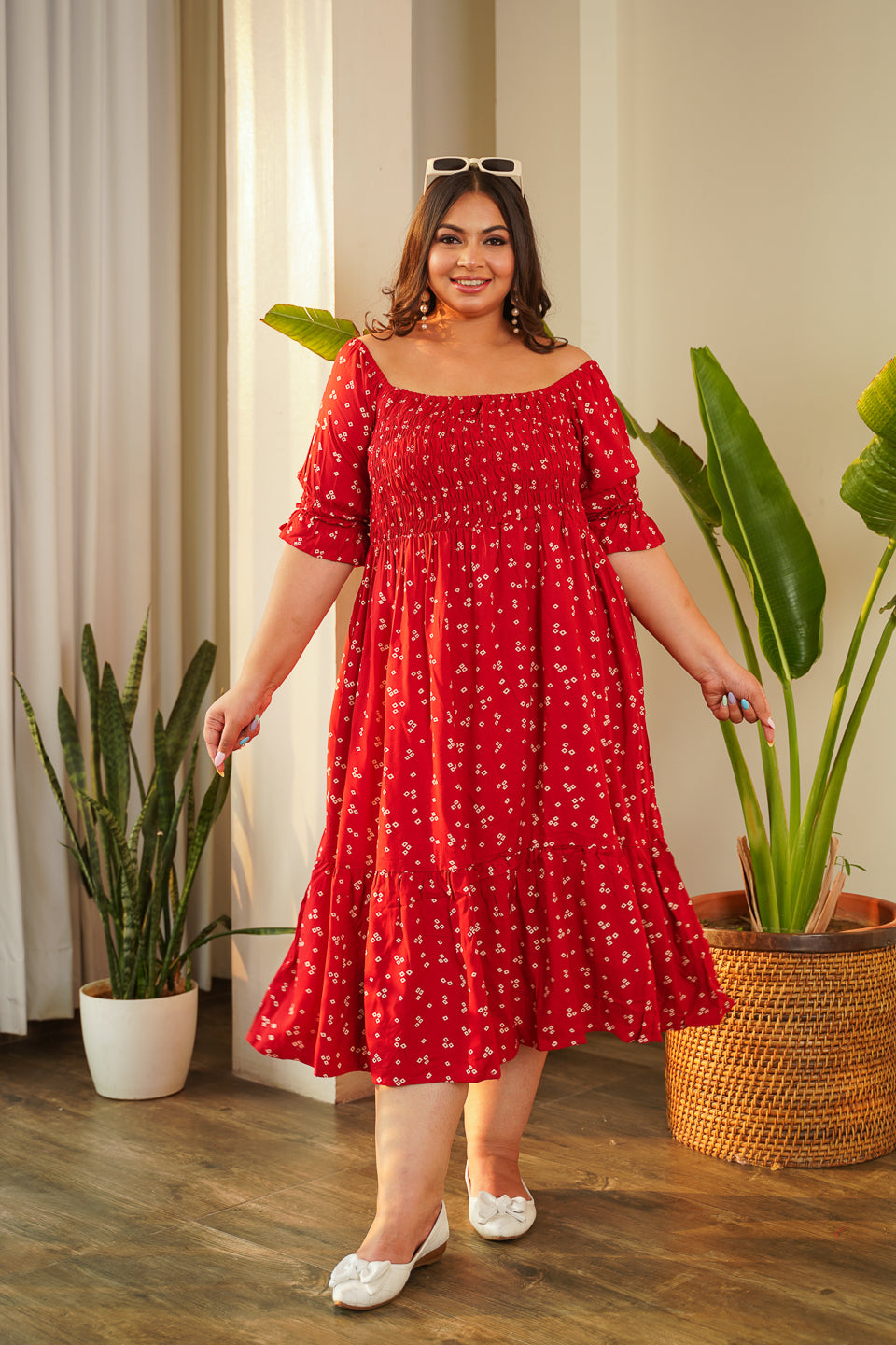Women's Glam Red Smocked Tiered Dress - Nangalia Ruchira