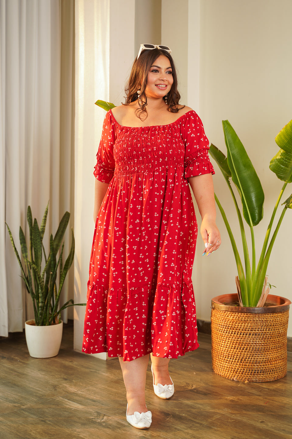 Women's Glam Red Smocked Tiered Dress - Nangalia Ruchira