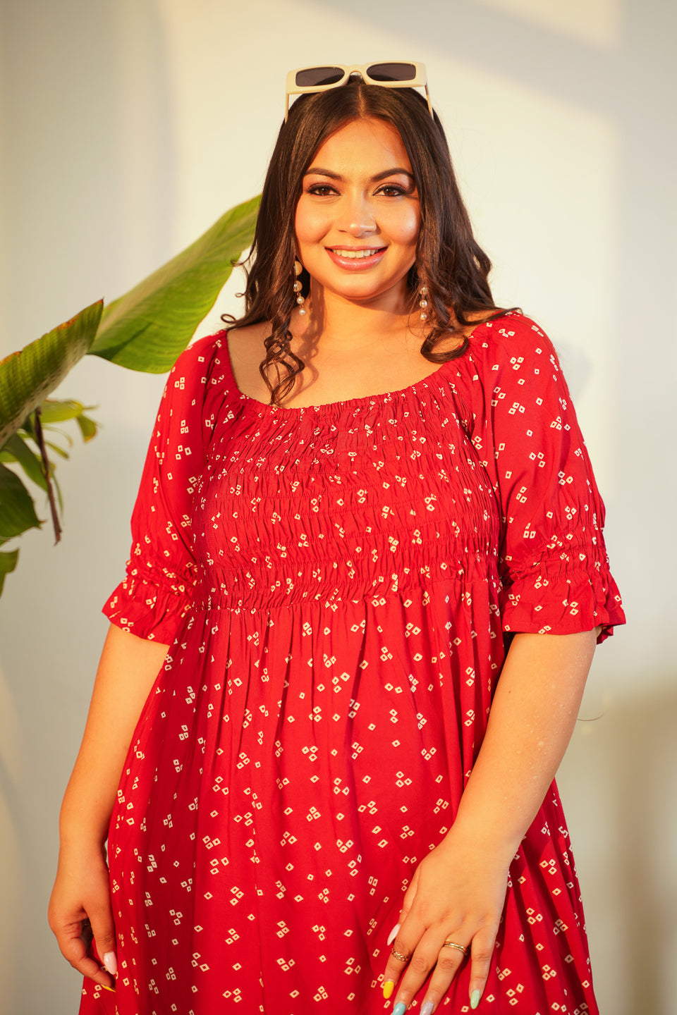 Women's Glam Red Smocked Tiered Dress - Nangalia Ruchira