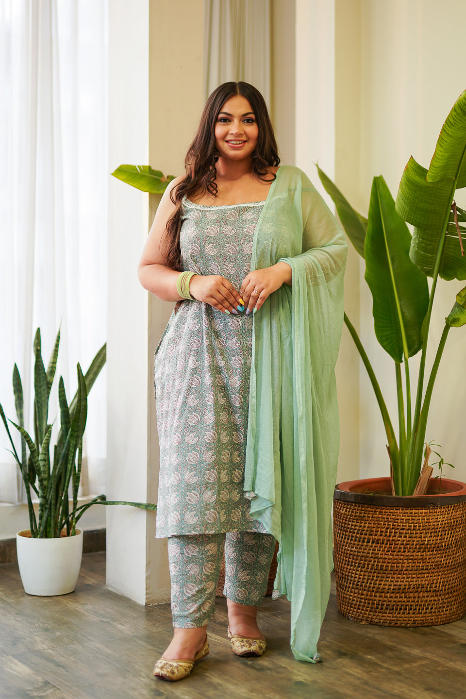 Women's Mint Green Floral Strap Cotton Kurta Suit Set - (Set Of 3) - Nangalia Ruchira