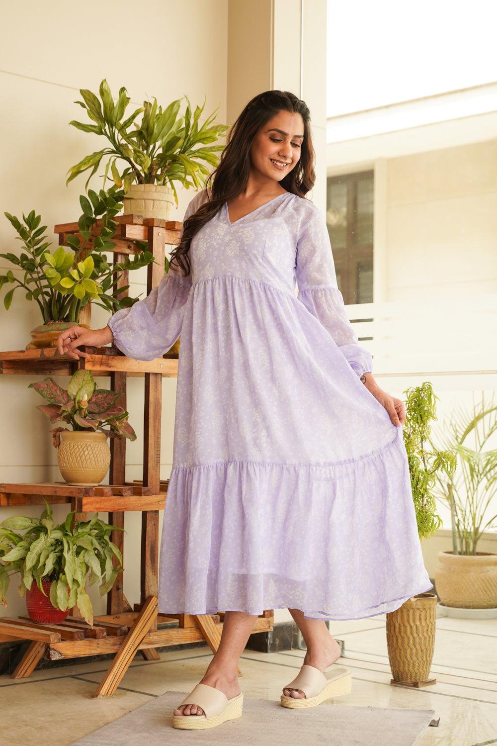 Women's Lilac Georgette Tiered Midi Dress - Nangalia Ruchira