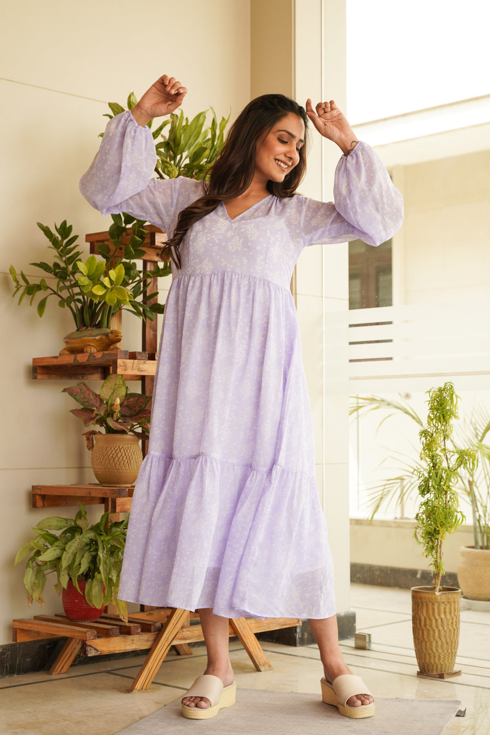 Women's Lilac Georgette Tiered Midi Dress - Nangalia Ruchira