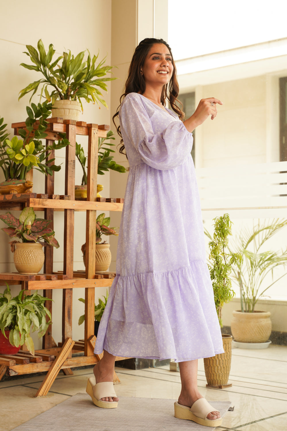 Women's Lilac Georgette Tiered Midi Dress - Nangalia Ruchira