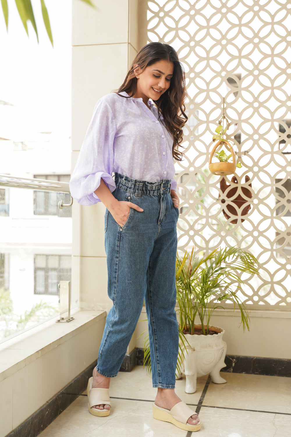 Women's Lilac Georgette Puff Sleeves Shirt - Nangalia Ruchira