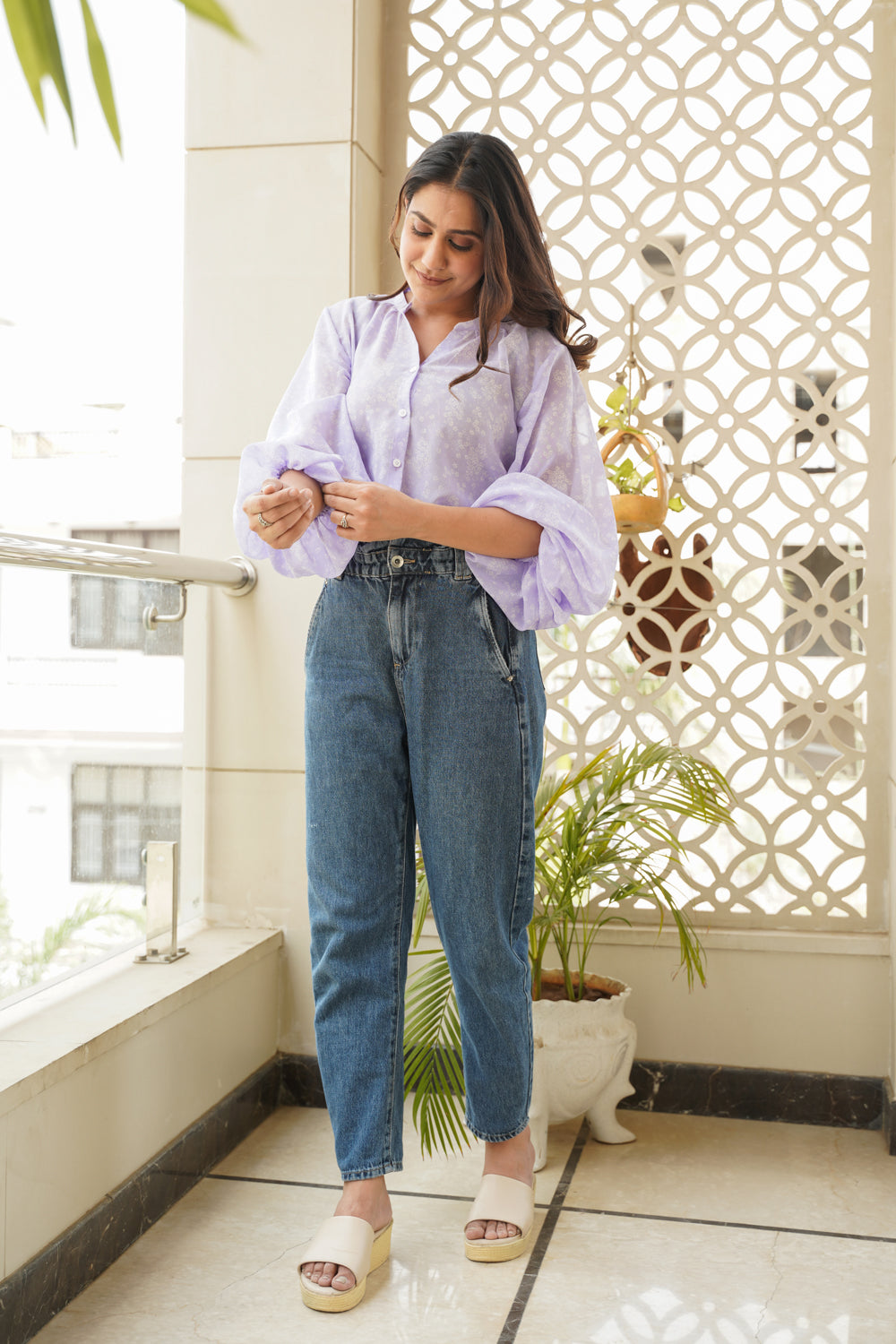 Women's Lilac Georgette Puff Sleeves Shirt - Nangalia Ruchira