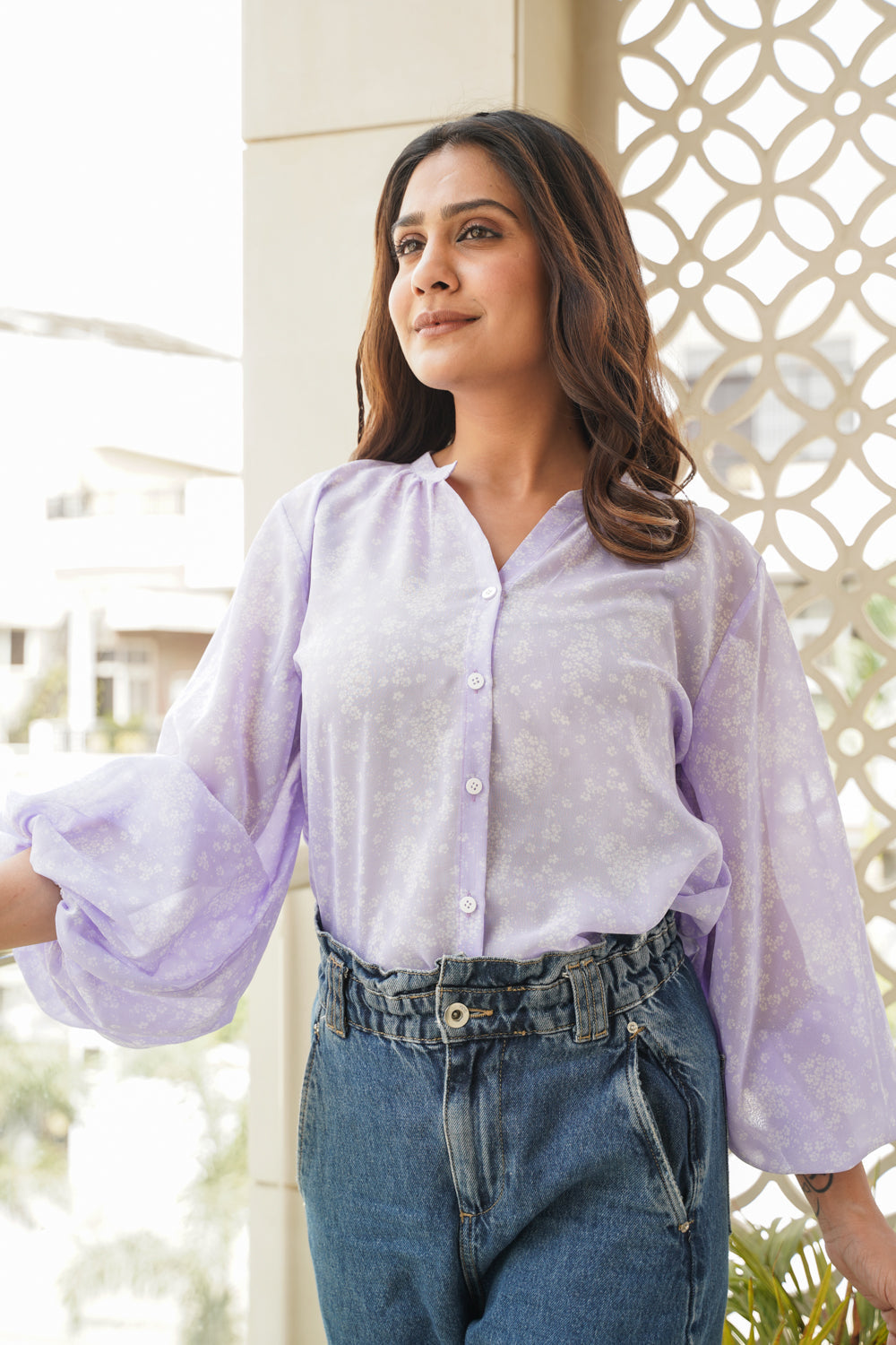 Women's Lilac Georgette Puff Sleeves Shirt - Nangalia Ruchira