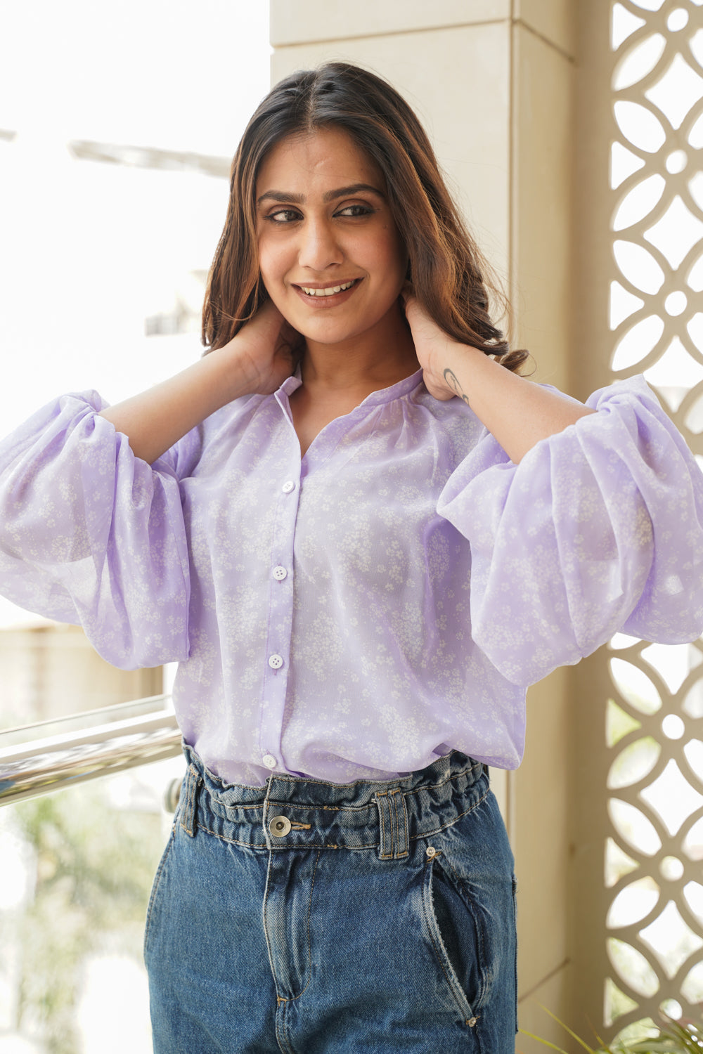 Women's Lilac Georgette Puff Sleeves Shirt - Nangalia Ruchira