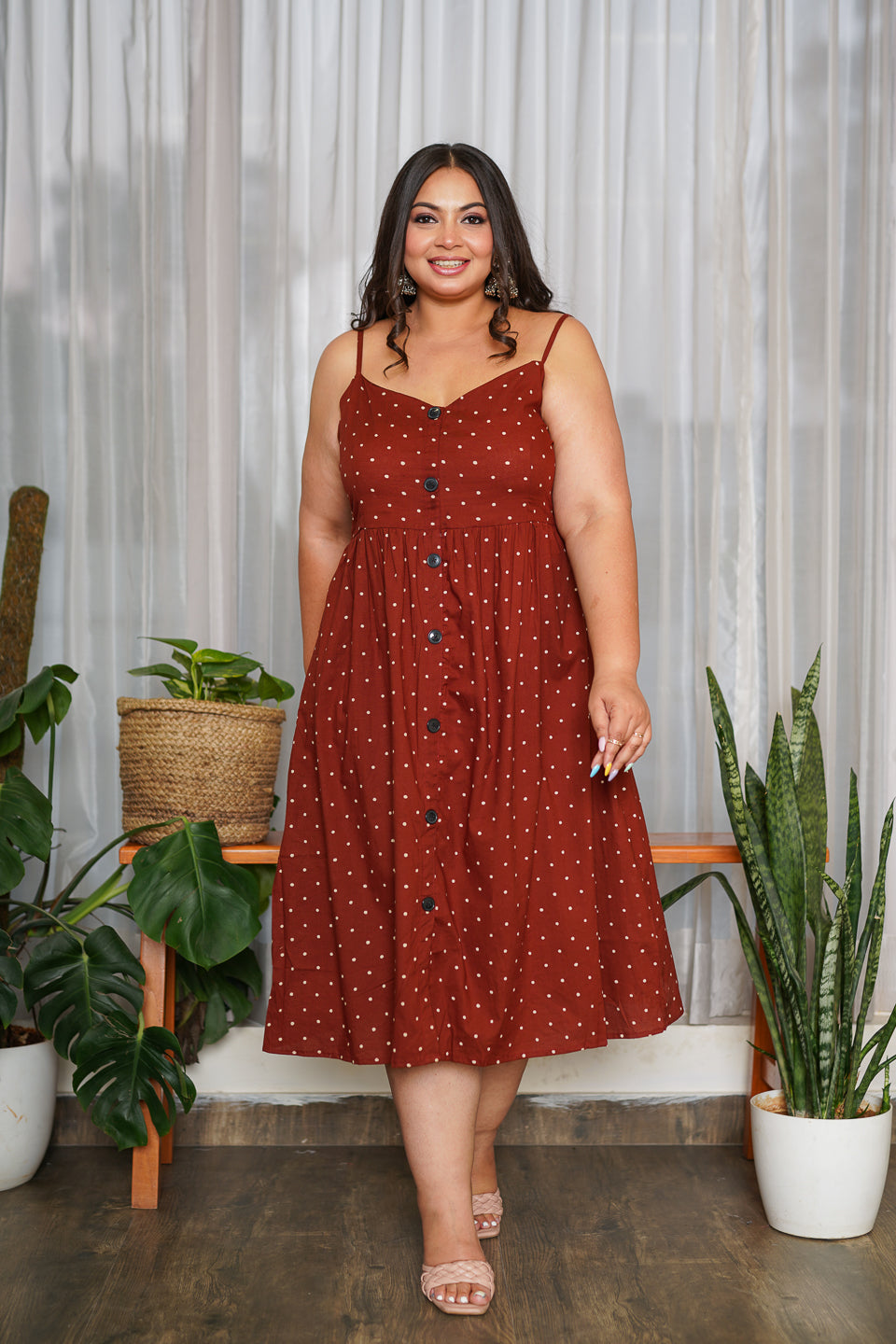 Women's Maroon Polka Button-Down Dress - Nangalia Ruchira