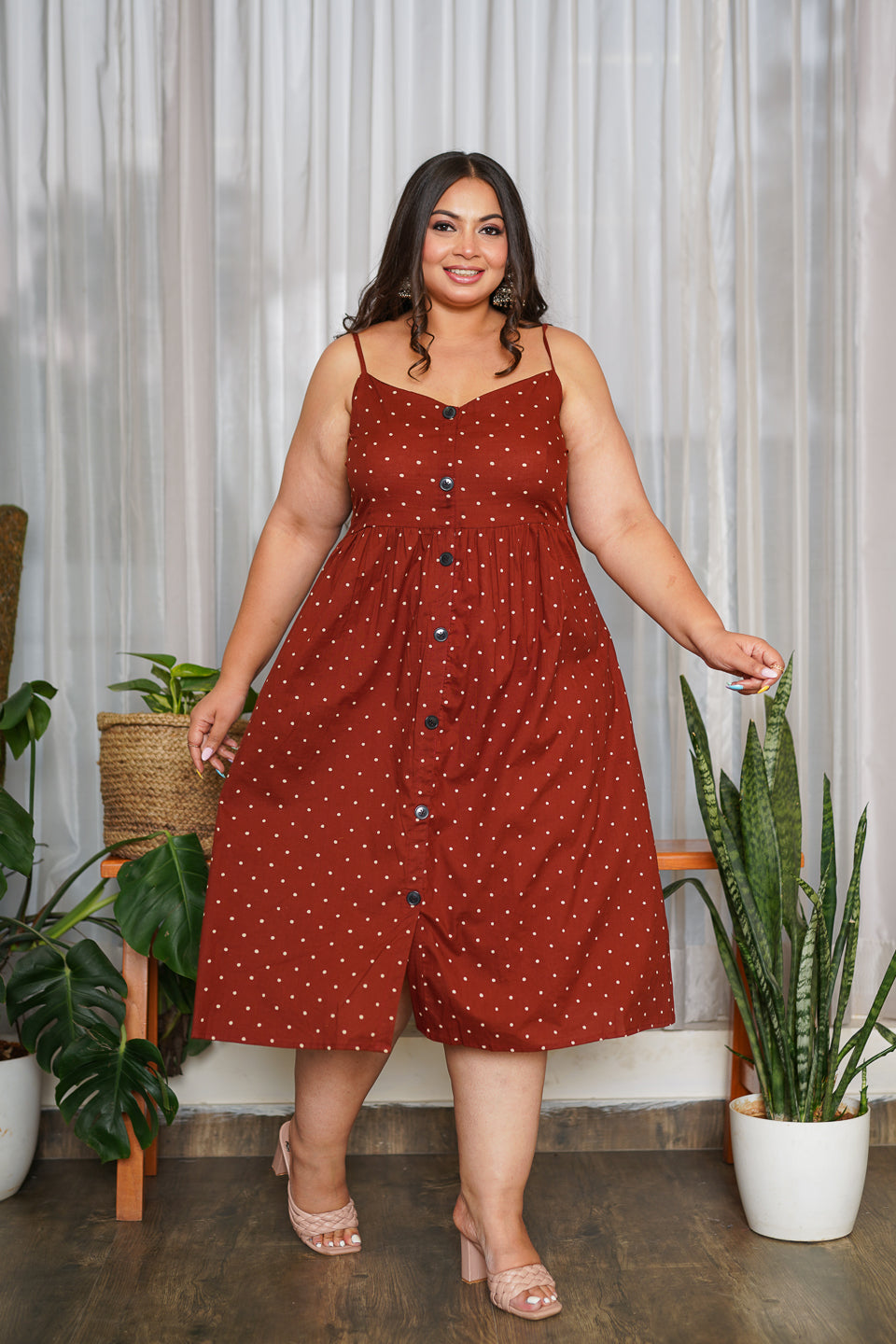 Women's Maroon Polka Button-Down Dress - Nangalia Ruchira